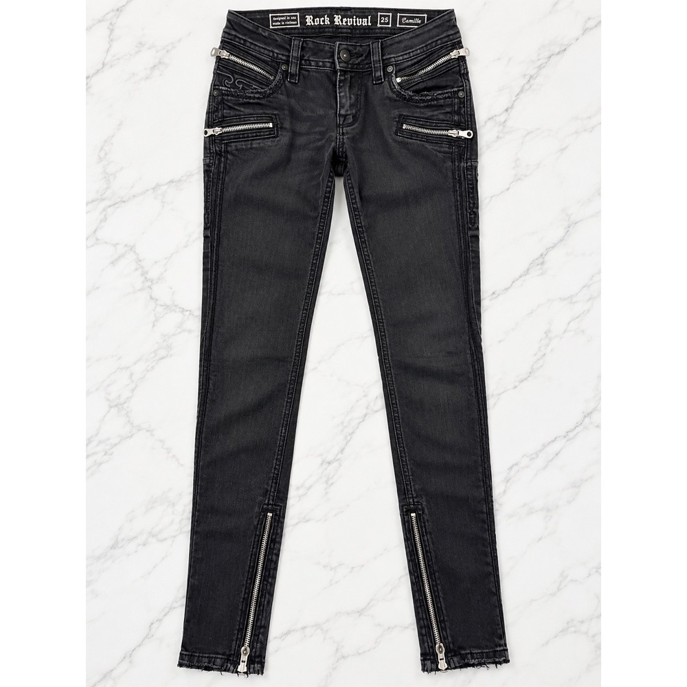 Rock Revival Camille Moto Skinny Jeans 25 Black Charcoal Zipper RP93815200